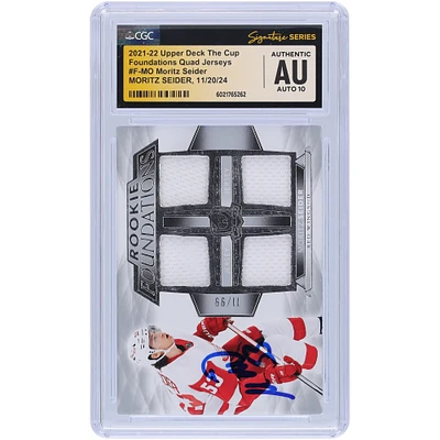 Moritz Seider Detroit Red Wings Autographed 2021-22 Upper Deck The Cup Rookie Foundations Quad Jersey relic #F-MO #/99 CGC Fanatics Witnessed Authenticated Auto 10 Rookie Card