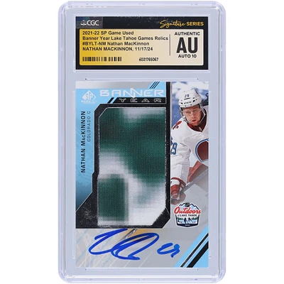 Nathan MacKinnon Colorado Avalanche Autographed 2021-22 Upper Deck SP Game Used 2 Color Banner Year Lake Tahoe Games Relics #BYLT-NM CGC Fanatics Witnessed Authenticated Auto 10 Card