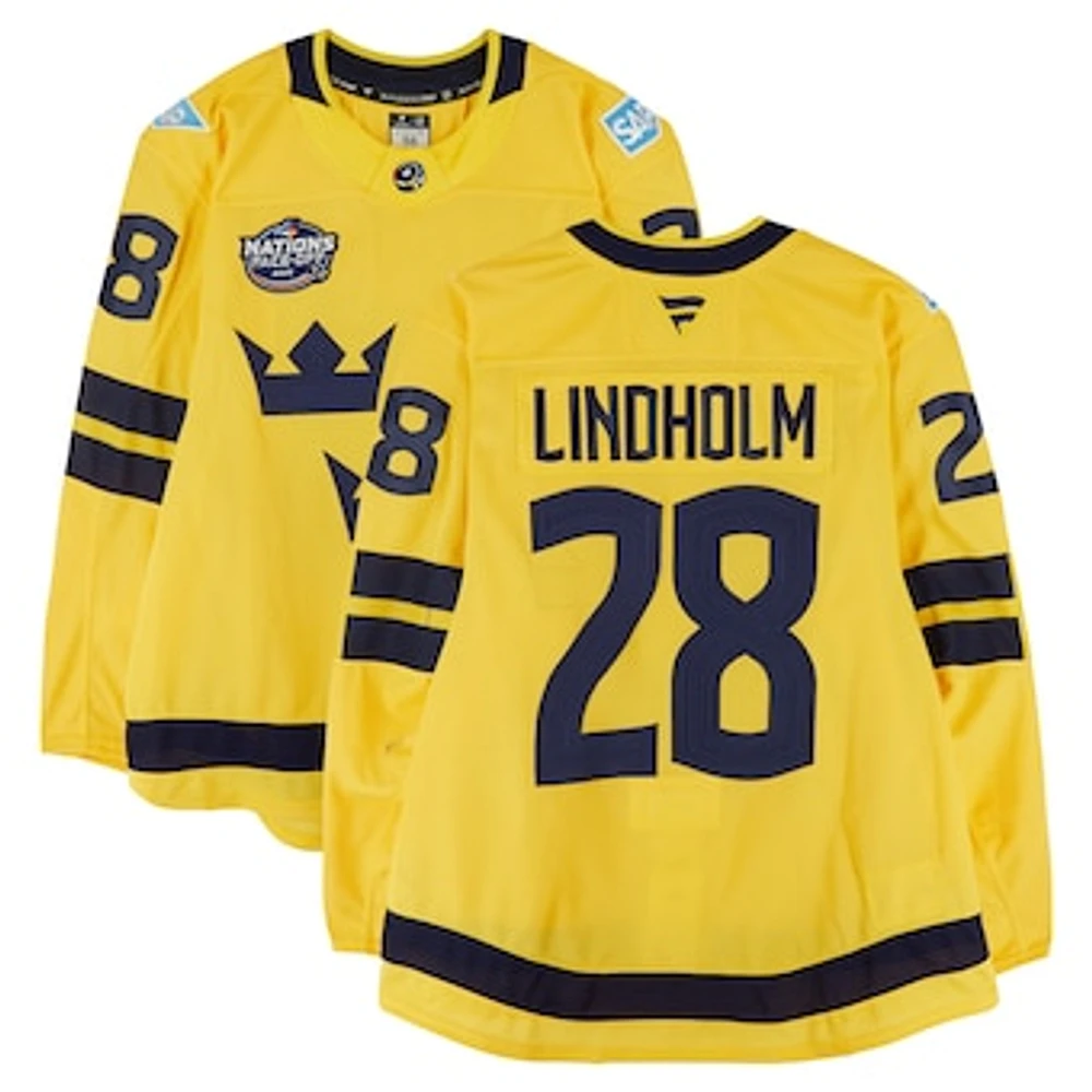 Elias Lindholm Sweden Game-Used 4 Nations Face-Off #28 Yellow Jersey vs. Canada on February 12, 2025 - Worn During the Second & Third Period