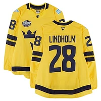 Elias Lindholm Sweden Game-Used 4 Nations Face-Off #28 Yellow Jersey vs. Canada on February 12, 2025 - Worn During the Second & Third Period