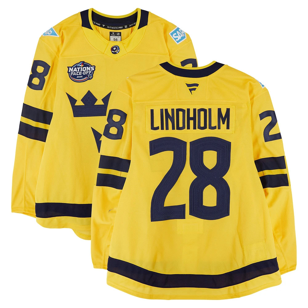 Elias Lindholm Sweden Game-Used 4 Nations Face-Off #28 Yellow Jersey vs. Canada on February 12, 2025 - Worn During the Second & Third Period