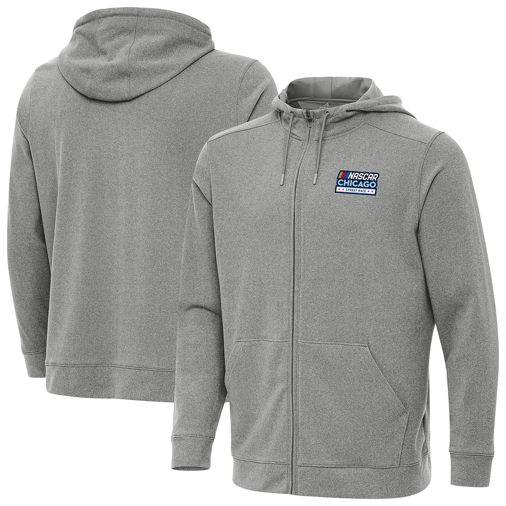 Men's Antigua Gray NASCAR Chicago Street Race Effortless Full-Zip Hoodie Jacket