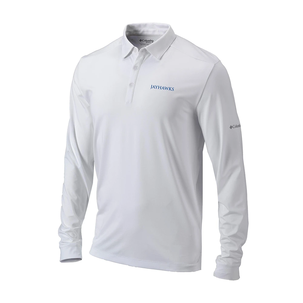 Men's Columbia White Kansas Jayhawks Omni-Wick Pin High Long Sleeve Polo