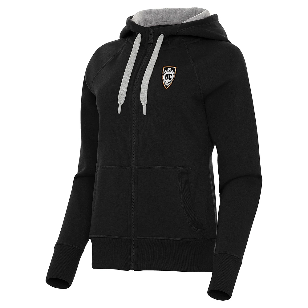 Women's Antigua Black Orange County SC Victory Raglan Fleece Full-Zip Hoodie