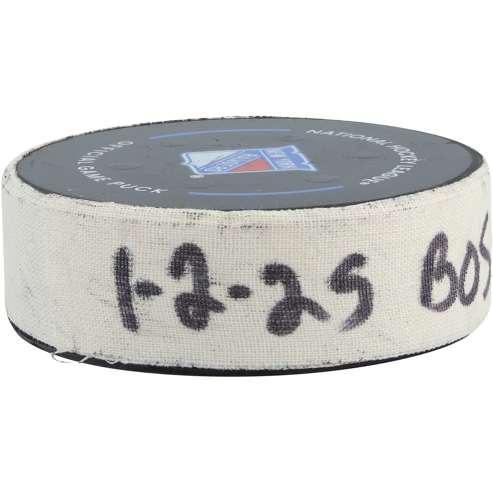 Elias Lindholm Boston Bruins Game-Used Goal Puck vs. New York Rangers on January 2, 2025