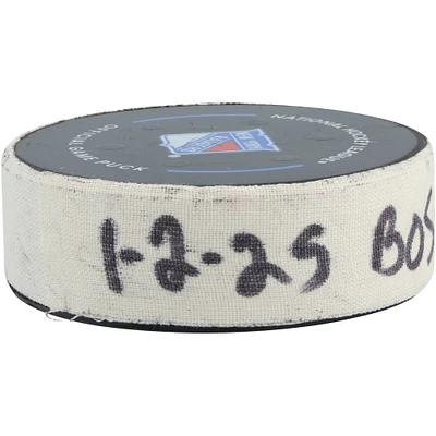 Elias Lindholm Boston Bruins Game-Used Goal Puck vs. New York Rangers on January 2, 2025