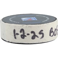 Elias Lindholm Boston Bruins Game-Used Goal Puck vs. New York Rangers on January 2, 2025