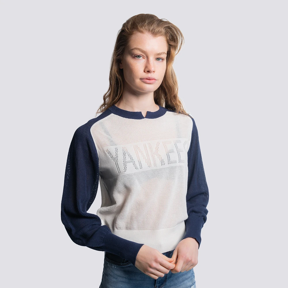 Women's Lusso Navy New York Yankees Seraphina Mesh Notch Neck Sweater