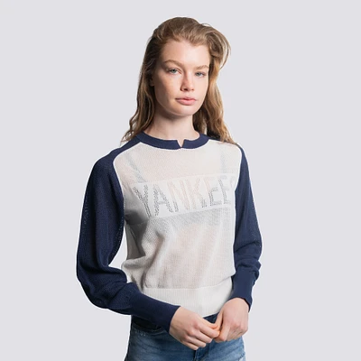 Women's Lusso  Navy New York Yankees Seraphina Mesh Notch Neck Sweater