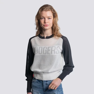 Women's Lusso  Navy Los Angeles Dodgers Seraphina Mesh Notch Neck Sweater