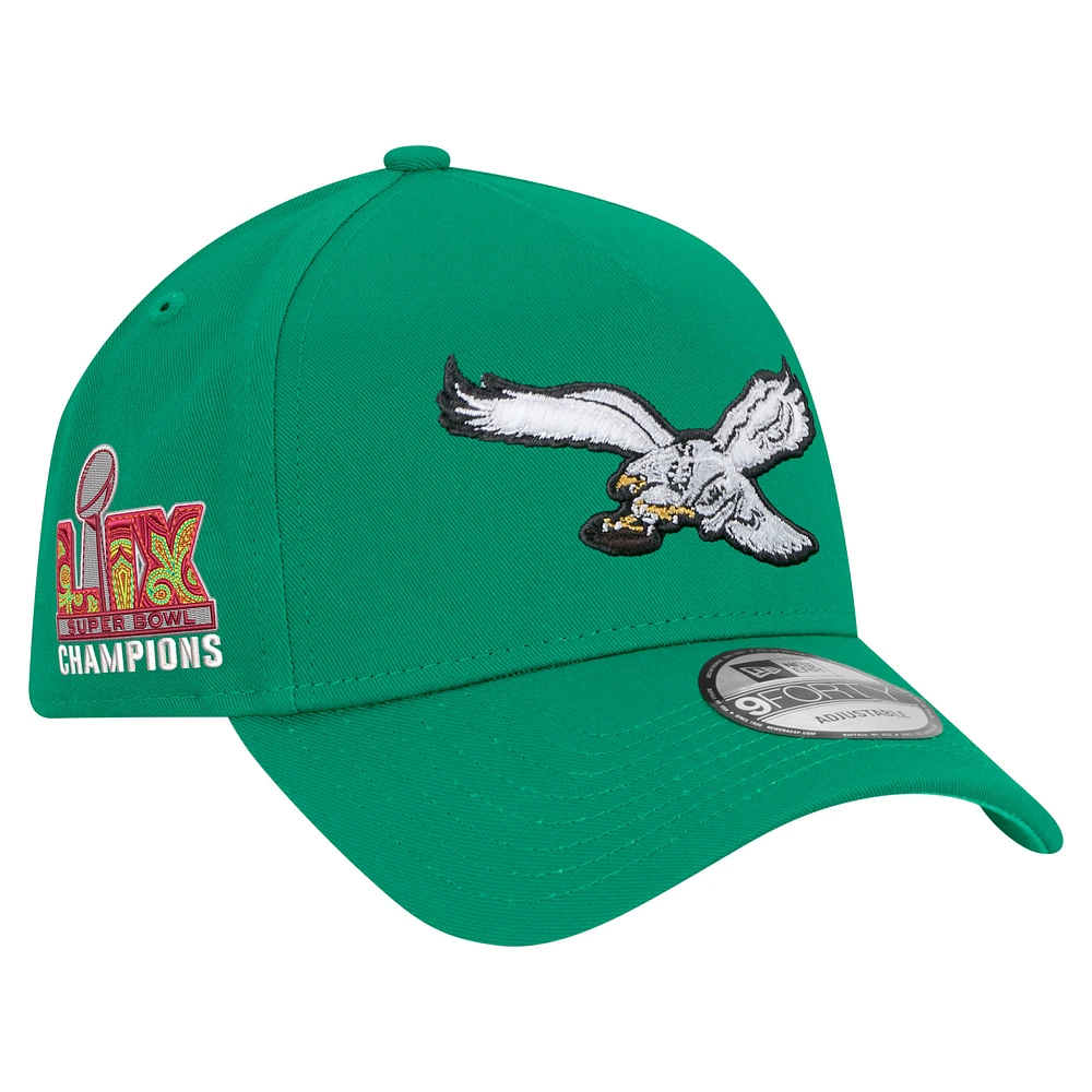 Men's New Era Kelly Green Philadelphia Eagles Super Bowl LIX Champions Historic Side Patch 9FORTY A-Frame Adjustable Hat