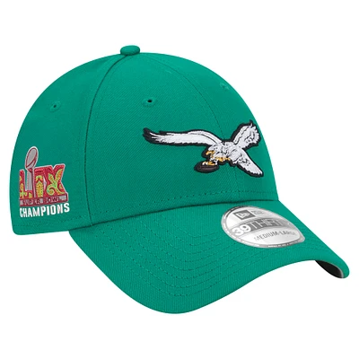 Men's New Era Kelly Green Philadelphia Eagles Super Bowl LIX Champions Historic Side Patch 39THIRTY Flex Hat