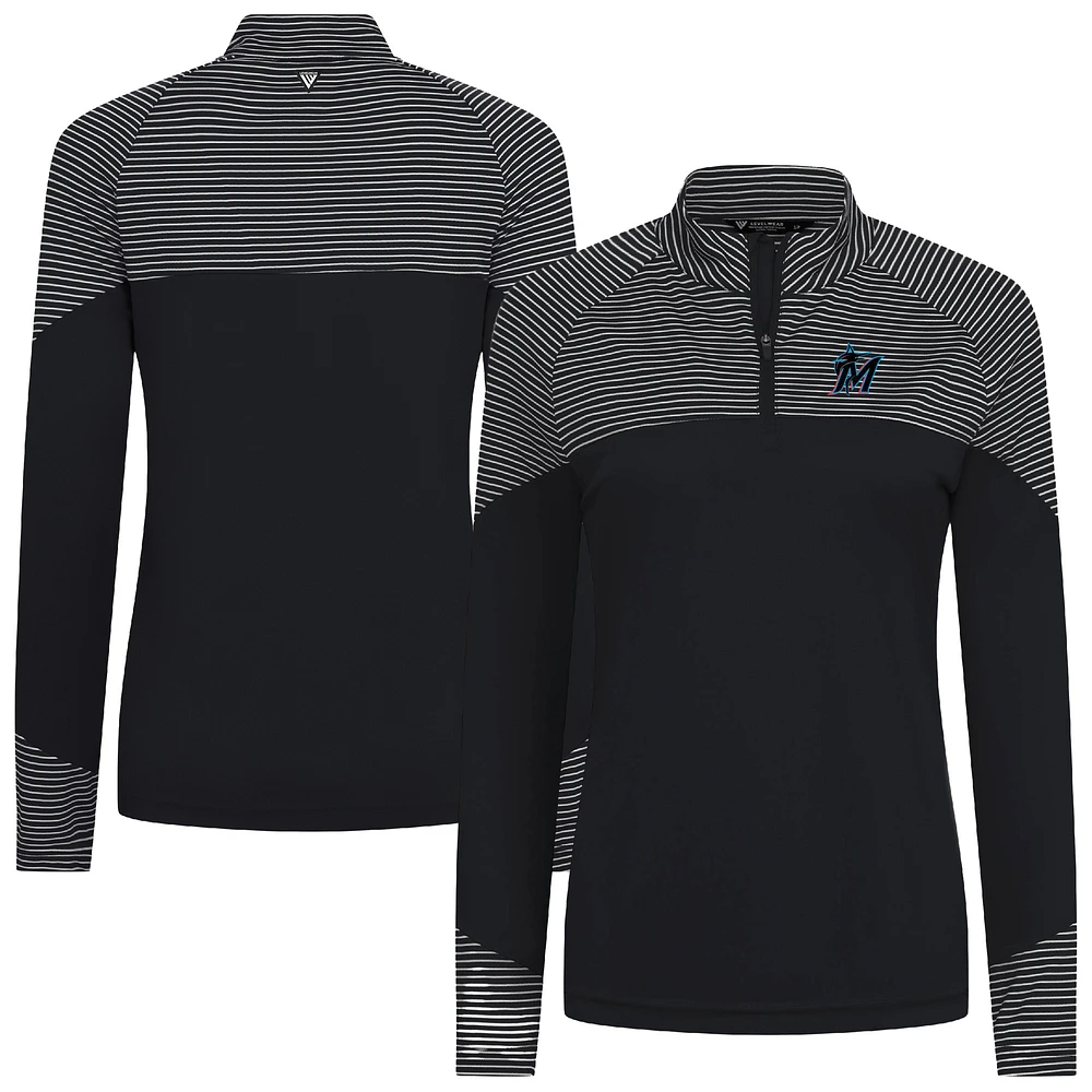 Women's Levelwear Black Miami Marlins Classic Stripes Insignia 2.0 Raglan Quarter-Zip Top