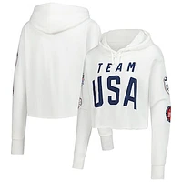 Women's White Team USA Flag & Patches Fleece Cropped Pullover Hoodie