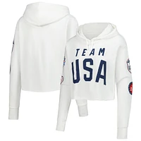 Women's White Team USA Flag & Patches Fleece Cropped Pullover Hoodie
