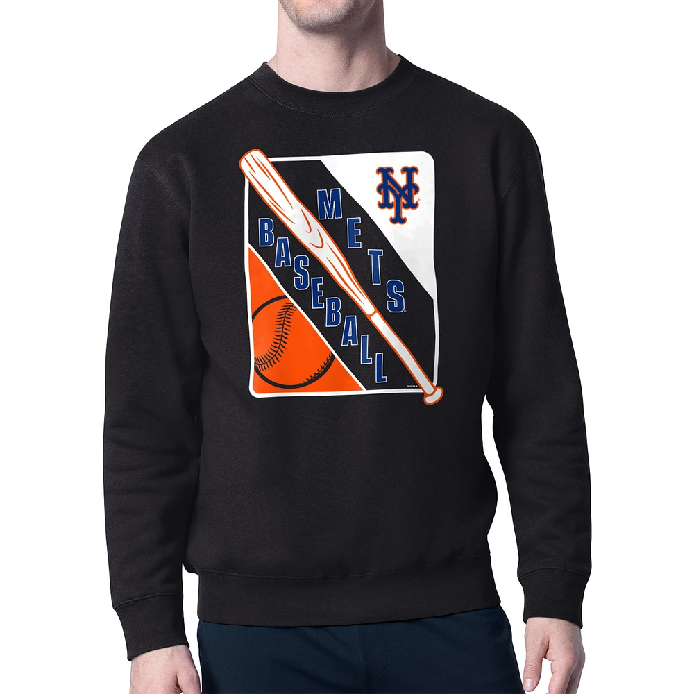 Men's Starter Black New York Mets Shield Team Logo Crew Neck Sweatshirt