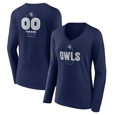 Women's Navy Rice Owls Personalized Name & Number Midfielder Long Sleeve V-Neck T-Shirt