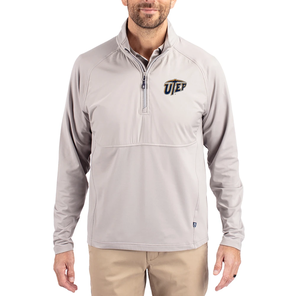 Men's Cutter & Buck Gray UTEP Miners Adapt Eco Knit Hybrid Recycled Quarter-Zip Jacket