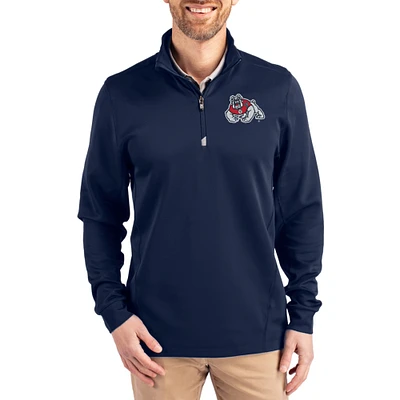 Men's Cutter & Buck  Navy Fresno State Bulldogs DryTec Traverse Stretch Eco Tri-Blend Quarter-Zip Pullover
