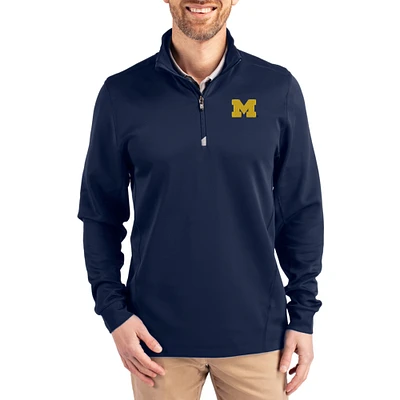 Men's Cutter & Buck  Navy Michigan Wolverines DryTec Traverse Stretch Eco Tri-Blend Quarter-Zip Pullover