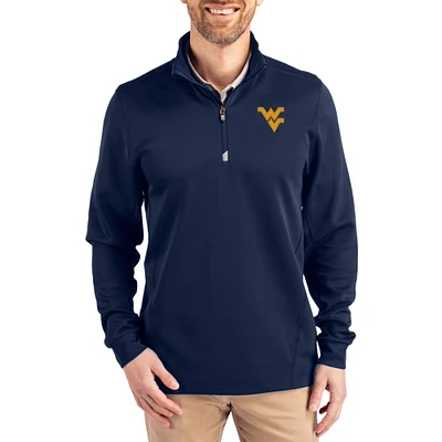 Men's Cutter & Buck  Navy West Virginia Mountaineers DryTec Traverse Stretch Eco Tri-Blend Quarter-Zip Pullover