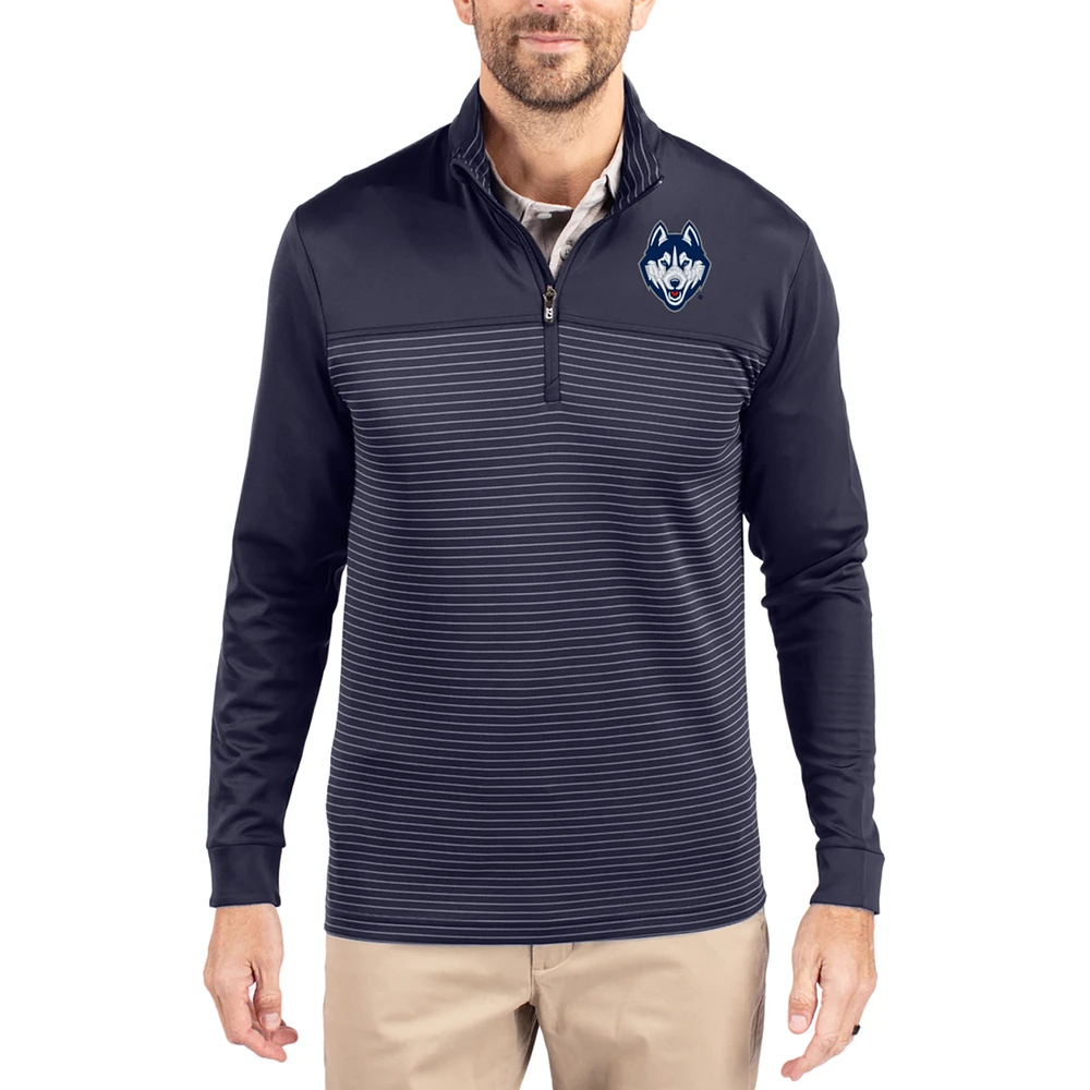 Men's Cutter & Buck Navy UConn Huskies Traverse Stretch Eco Stripe DryTec Tri-Blend Quarter-Zip Pullover