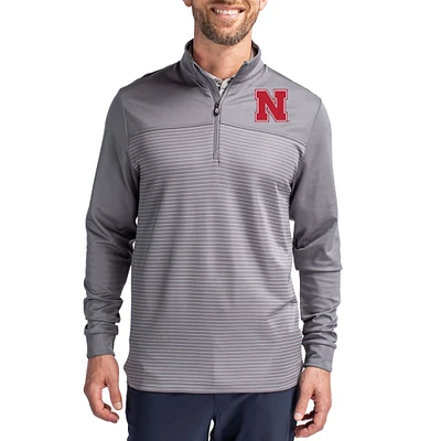 Men's Cutter & Buck  Gray Nebraska Huskers Traverse Stretch Eco Stripe DryTec Tri-Blend Quarter-Zip Pullover