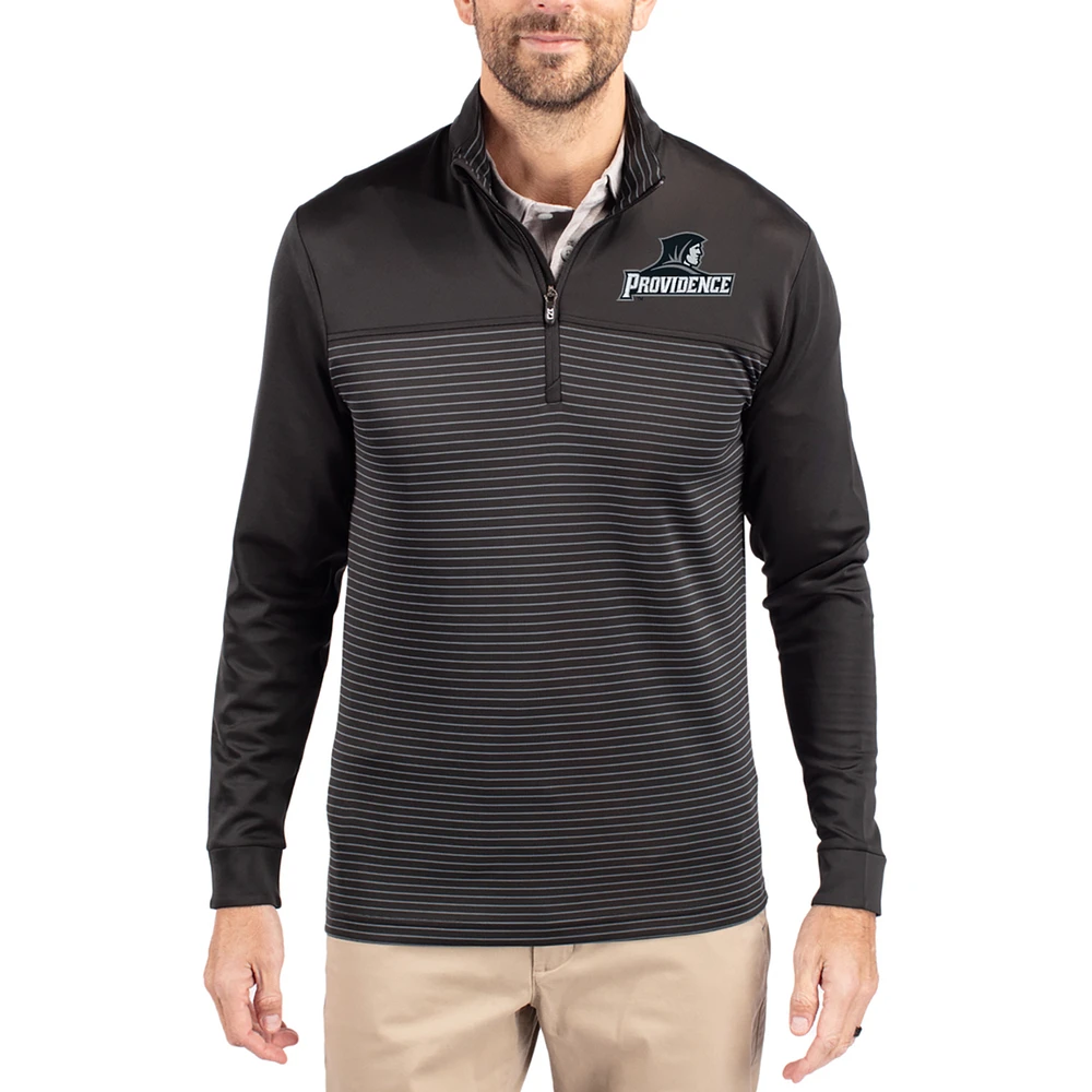Men's Cutter & Buck Black Providence Friars Traverse Stretch Eco Stripe DryTec Tri-Blend Quarter-Zip Pullover