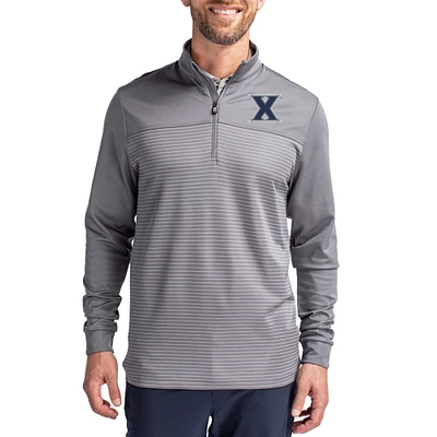 Men's Cutter & Buck  Gray Xavier Musketeers Traverse Stretch Eco Stripe DryTec Tri-Blend Quarter-Zip Pullover