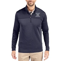 Men's Cutter & Buck  Navy Xavier Musketeers Traverse Stretch Eco Stripe DryTec Tri-Blend Quarter-Zip Pullover
