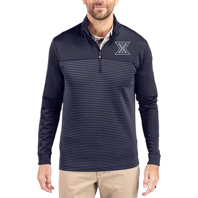 Men's Cutter & Buck  Navy Xavier Musketeers Traverse Stretch Eco Stripe DryTec Tri-Blend Quarter-Zip Pullover