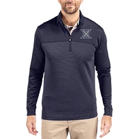 Men's Cutter & Buck  Navy Xavier Musketeers Traverse Stretch Eco Stripe DryTec Tri-Blend Quarter-Zip Pullover