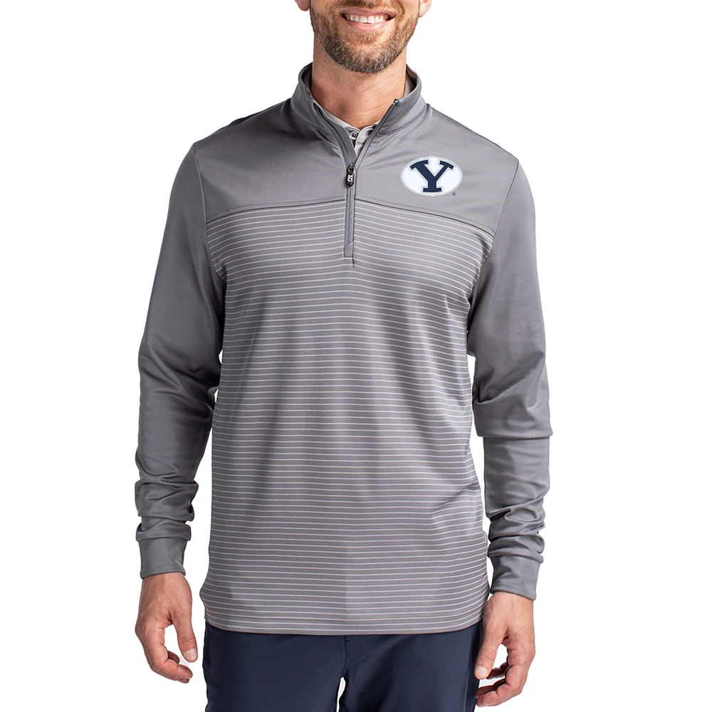 Men's Cutter & Buck Gray BYU Cougars Traverse Stretch Eco Stripe DryTec Tri-Blend Quarter-Zip Pullover