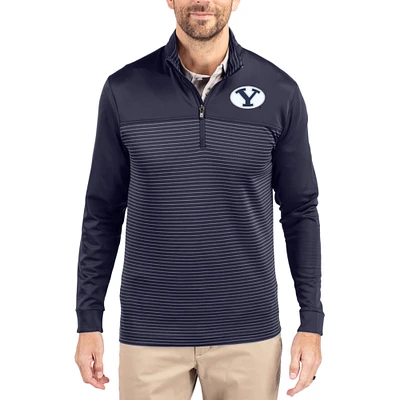 Men's Cutter & Buck  Navy BYU Cougars Traverse Stretch Eco Stripe DryTec Tri-Blend Quarter-Zip Pullover
