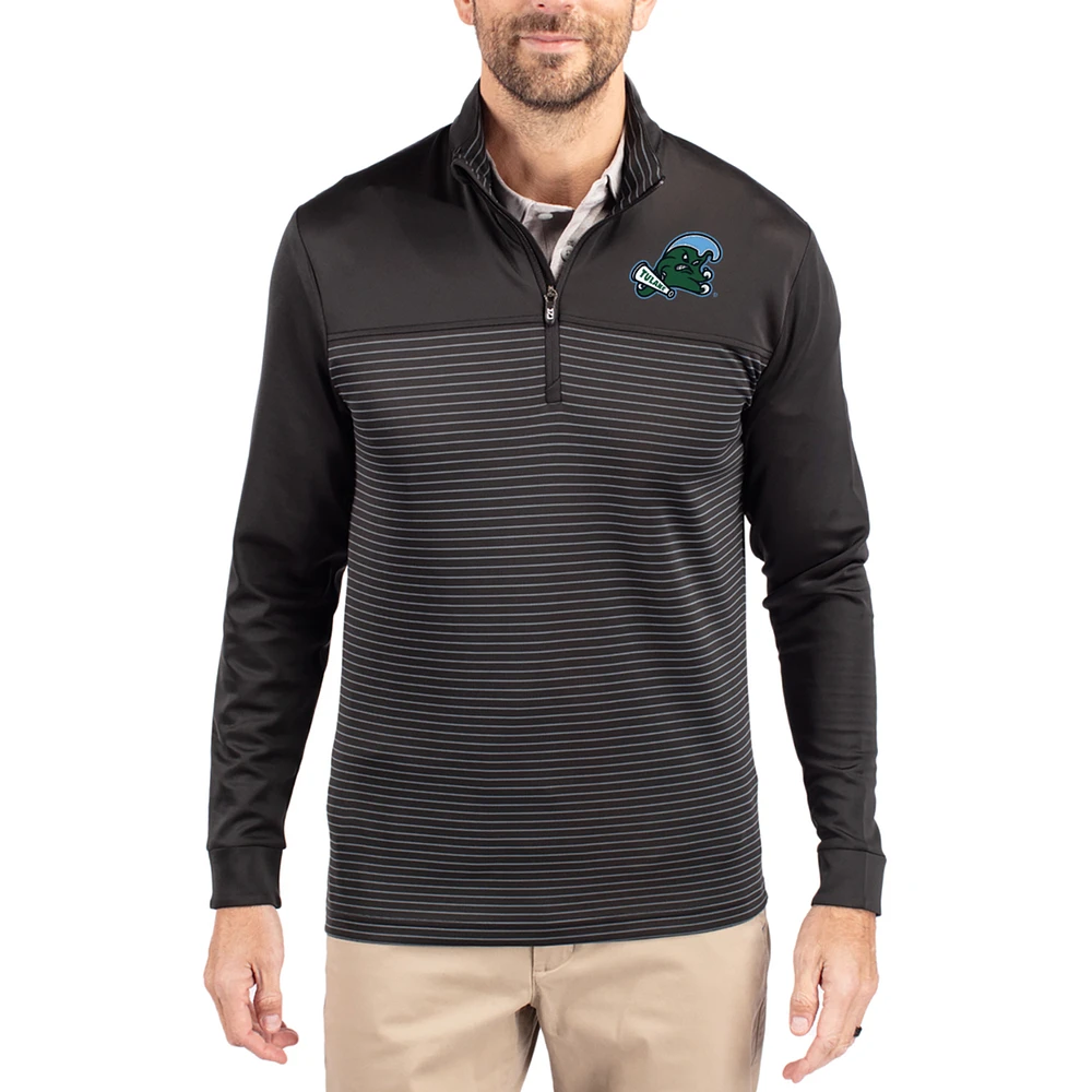 Men's Cutter & Buck Black Tulane Green Wave Traverse Stretch Eco Stripe DryTec Tri-Blend Quarter-Zip Pullover