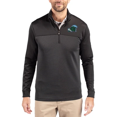 Men's Cutter & Buck  Black Tulane Green Wave Traverse Stretch Eco Stripe DryTec Tri-Blend Quarter-Zip Pullover