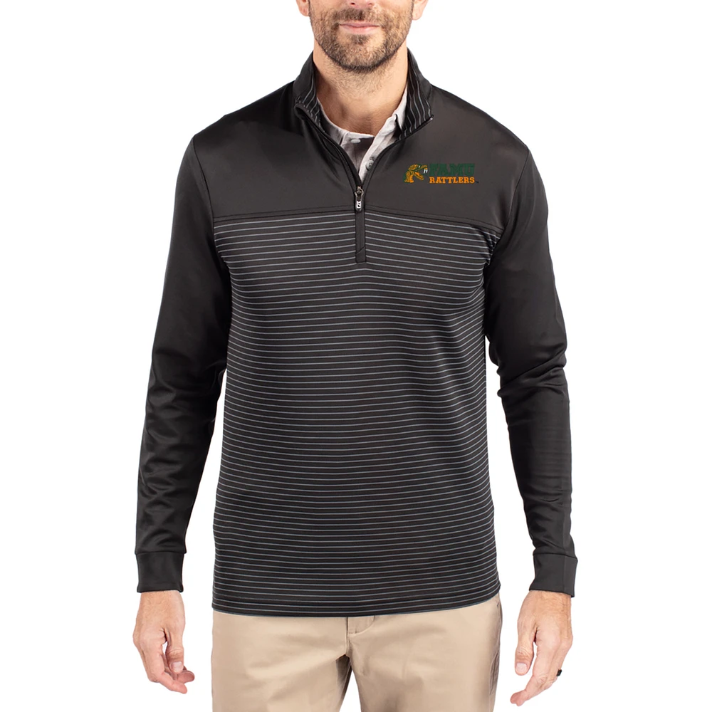 Men's Cutter & Buck Black Florida A&M Rattlers Traverse Stretch Eco Stripe DryTec Tri-Blend Quarter-Zip Pullover