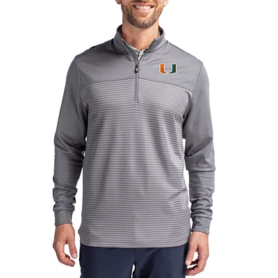 Men's Cutter & Buck Miami Hurricanes Traverse Stretch Eco Stripe DryTec Tri-Blend Quarter-Zip Pullover