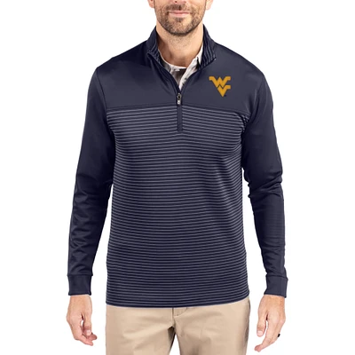 Men's Cutter & Buck  Navy West Virginia Mountaineers Traverse Stretch Eco Stripe DryTec Tri-Blend Quarter-Zip Pullover