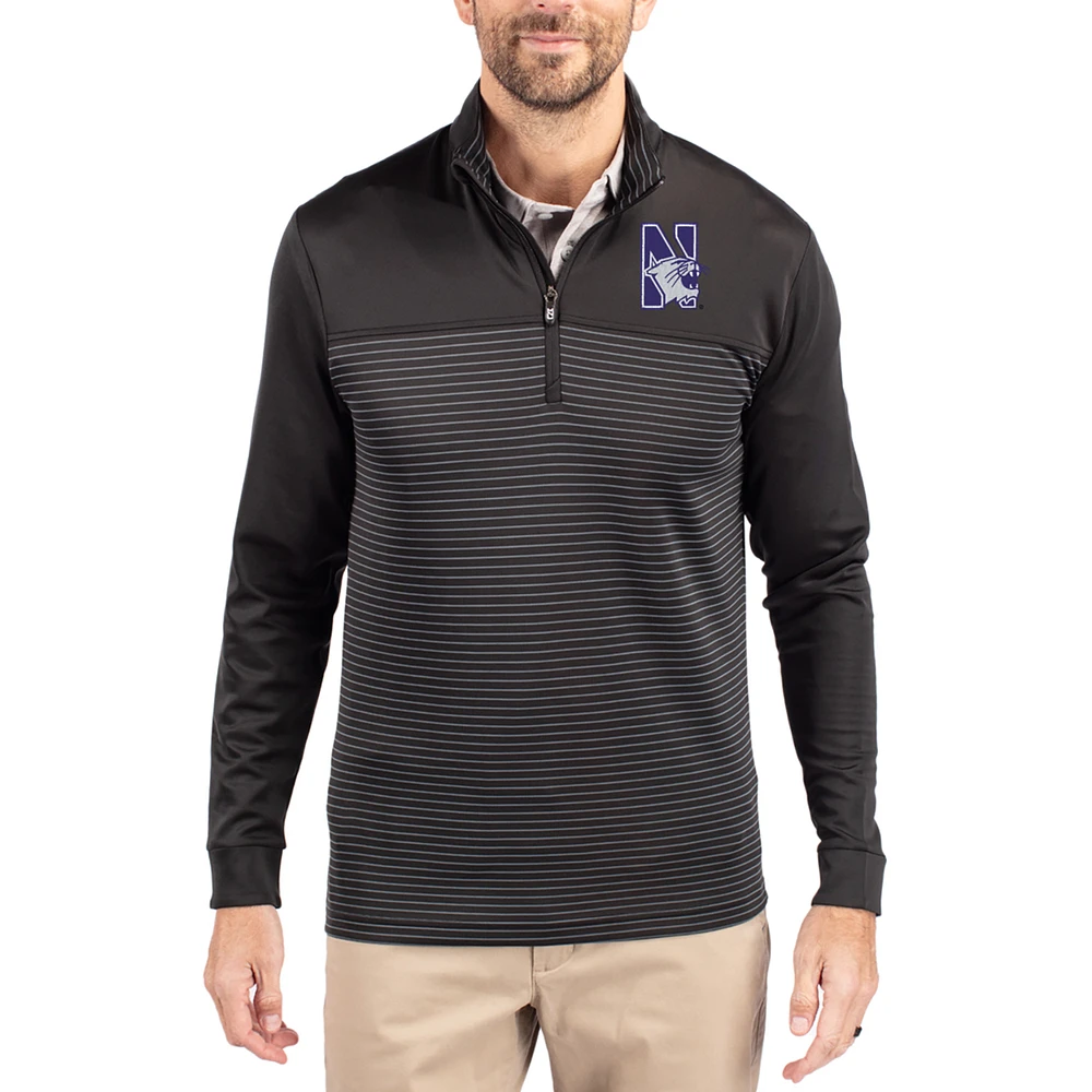 Men's Cutter & Buck Black Northwestern Wildcats Traverse Stretch Eco Stripe DryTec Tri-Blend Quarter-Zip Pullover