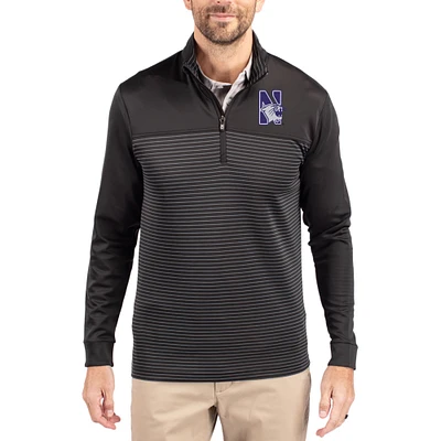 Men's Cutter & Buck  Black Northwestern Wildcats Traverse Stretch Eco Stripe DryTec Tri-Blend Quarter-Zip Pullover