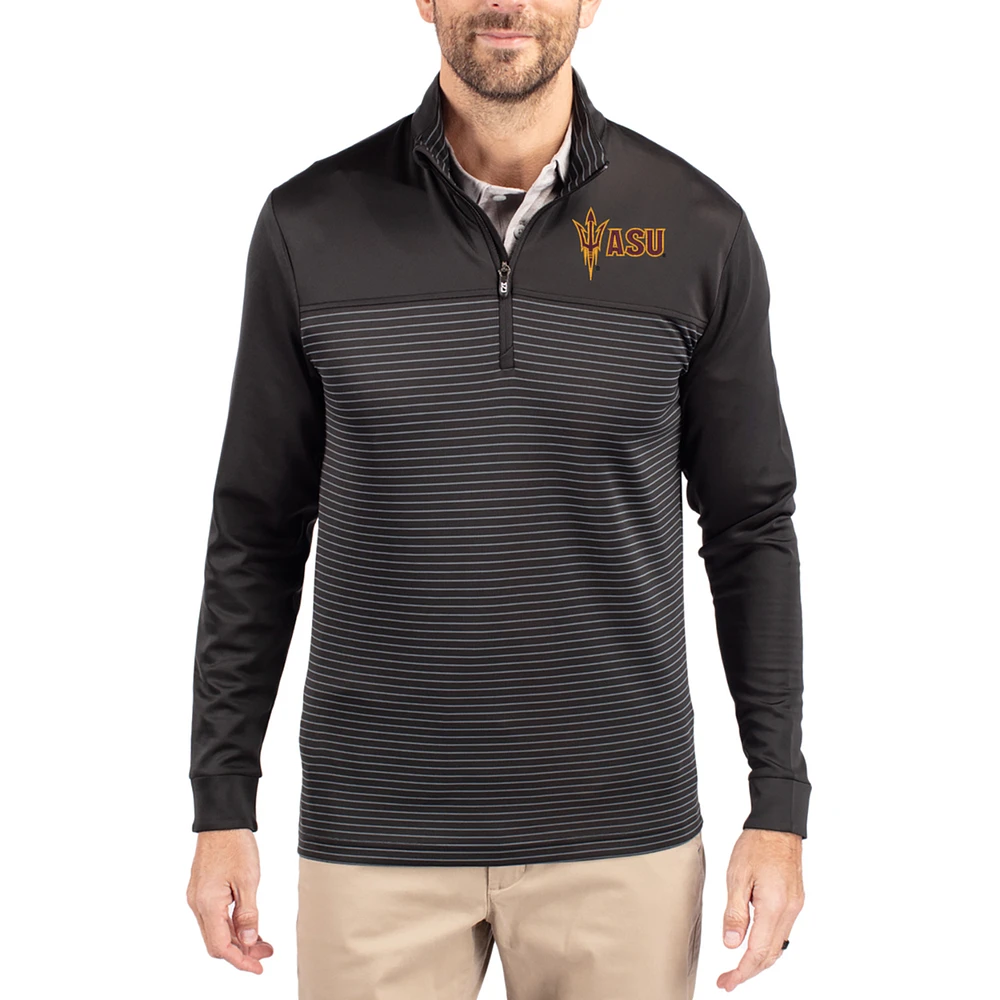 Men's Cutter & Buck Black Arizona State Sun Devils Traverse Stretch Eco Stripe DryTec Tri-Blend Quarter-Zip Pullover