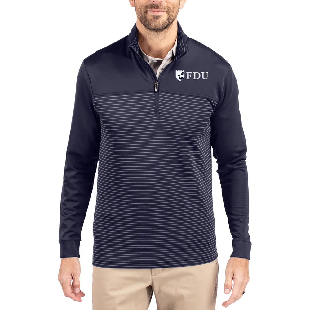 Men's Cutter & Buck Navy Fairleigh Dickinson Knights Traverse Stretch Eco Stripe DryTec Tri-Blend Quarter-Zip Pullover