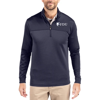 Men's Cutter & Buck  Navy Fairleigh Dickinson Knights Traverse Stretch Eco Stripe DryTec Tri-Blend Quarter-Zip Pullover