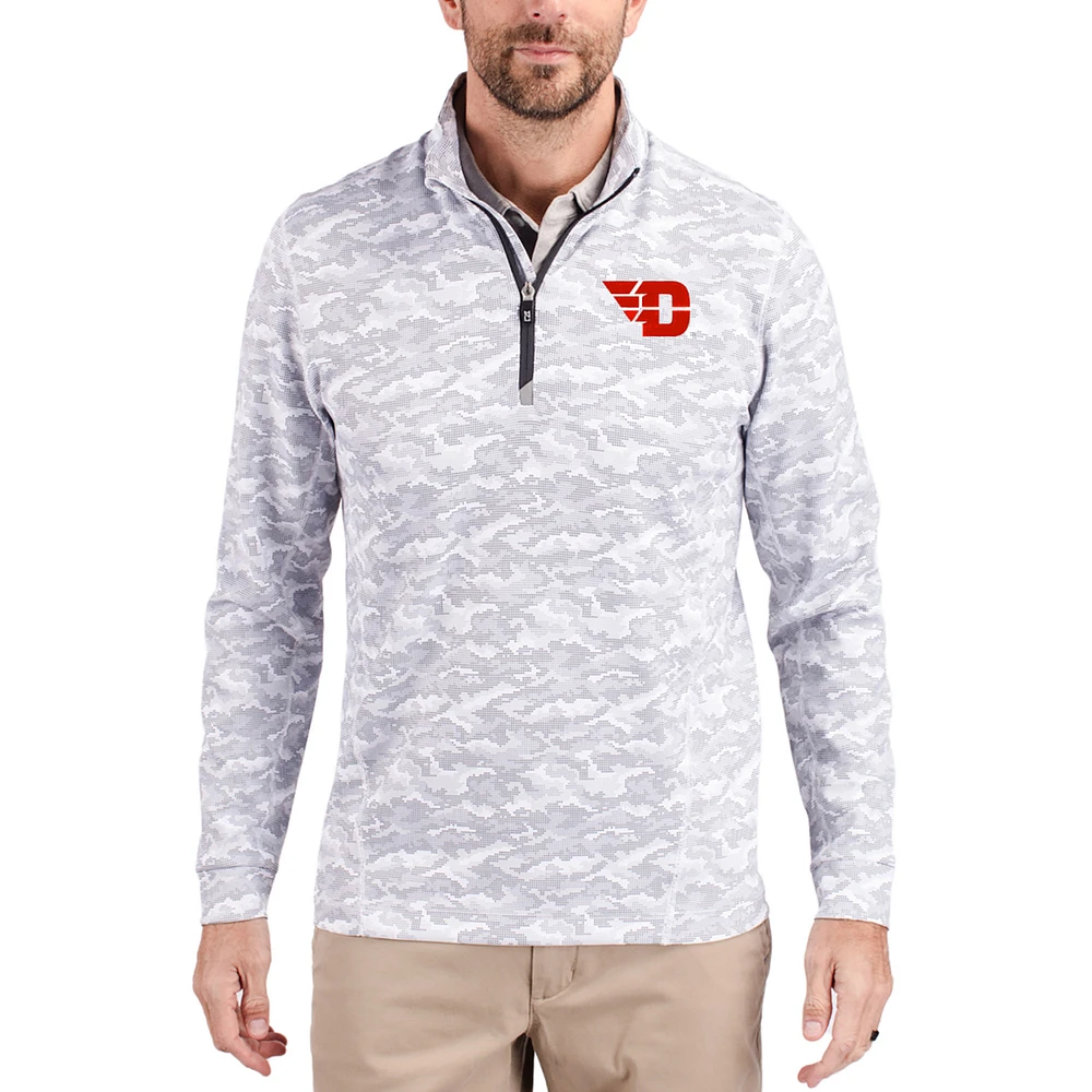 Men's Cutter & Buck Gray Dayton Flyers Traverse Stretch Eco Camo DryTec Tri-Blend Quarter-Zip Pullover