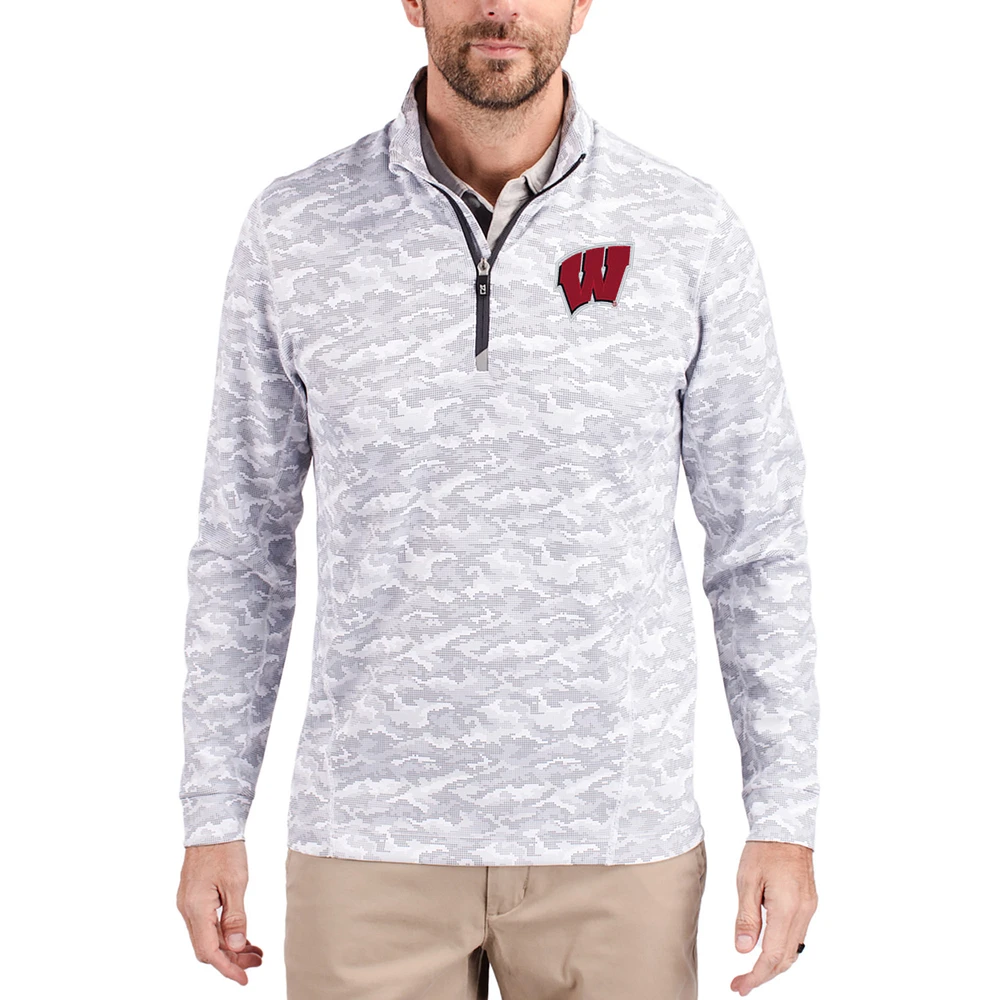 Men's Cutter & Buck Gray Wisconsin Badgers Traverse Stretch Eco Camo DryTec Tri-Blend Quarter-Zip Pullover