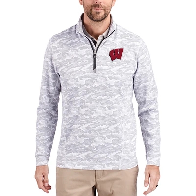Men's Cutter & Buck  Gray Wisconsin Badgers Traverse Stretch Eco Camo DryTec Tri-Blend Quarter-Zip Pullover