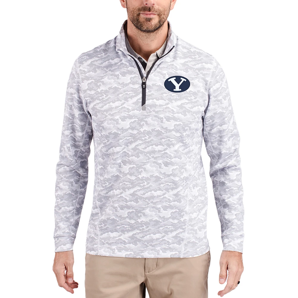 Men's Cutter & Buck Gray BYU Cougars Traverse Stretch Eco Camo DryTec Tri-Blend Quarter-Zip Pullover