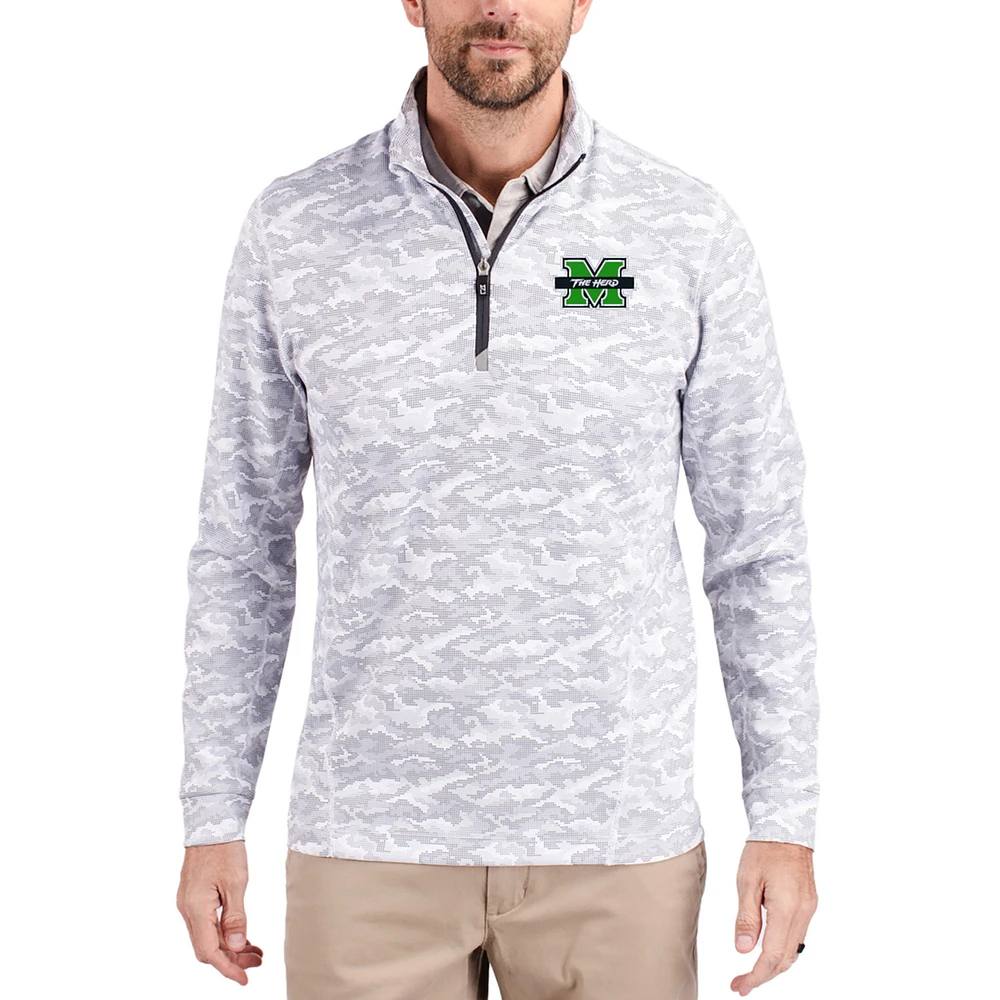 Men's Cutter & Buck Gray Marshall Thundering Herd Traverse Stretch Eco Camo DryTec Tri-Blend Quarter-Zip Pullover