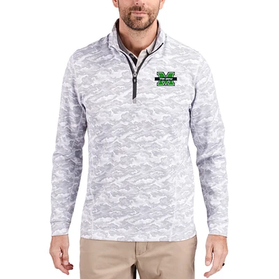 Men's Cutter & Buck  Gray Marshall Thundering Herd Traverse Stretch Eco Camo DryTec Tri-Blend Quarter-Zip Pullover
